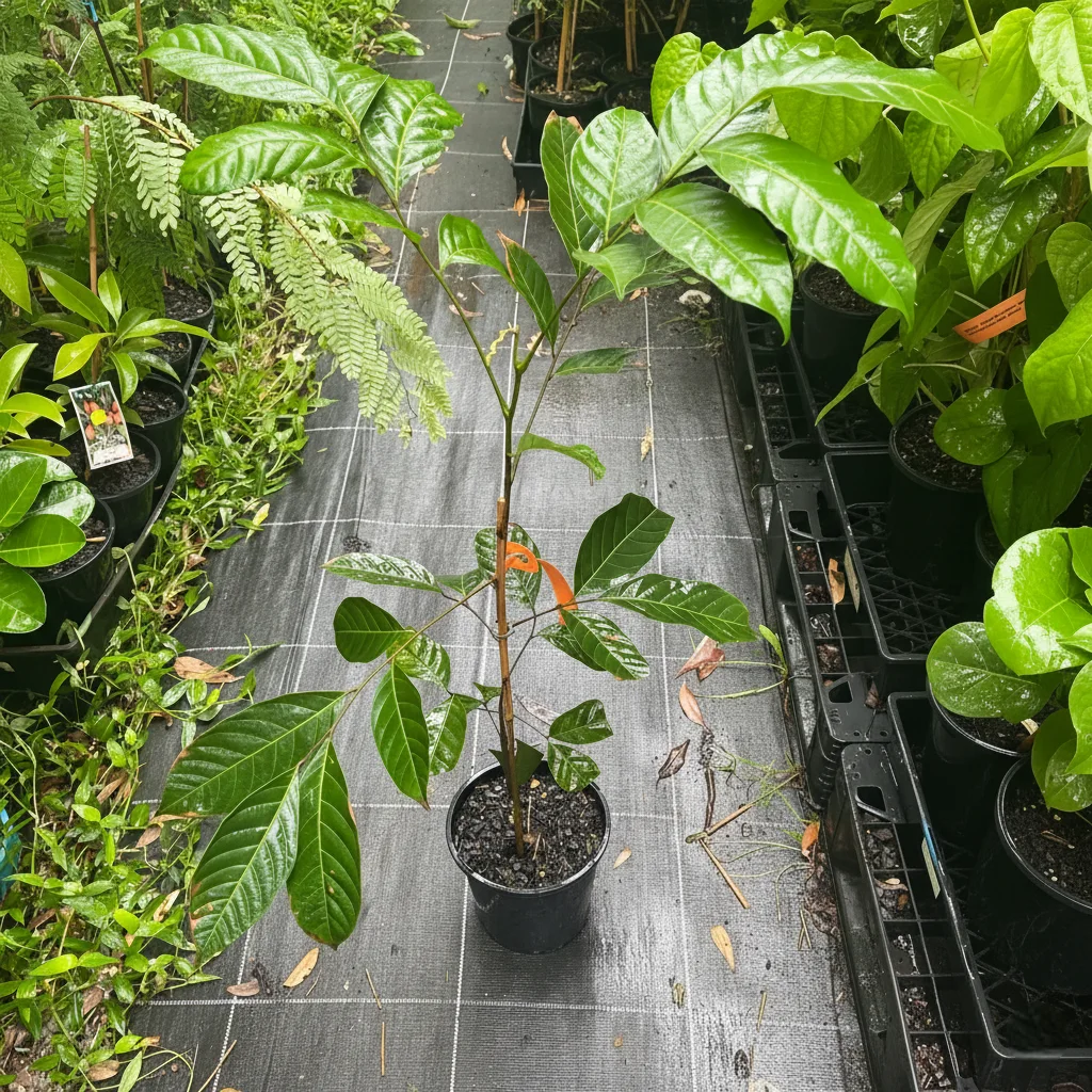 A healthy, foot-tall Rambutan N18 sapling with glossy, dark green compound leaves, growing in a black plastic pot, situated in the aisle of a well-organized tropical plant nursery