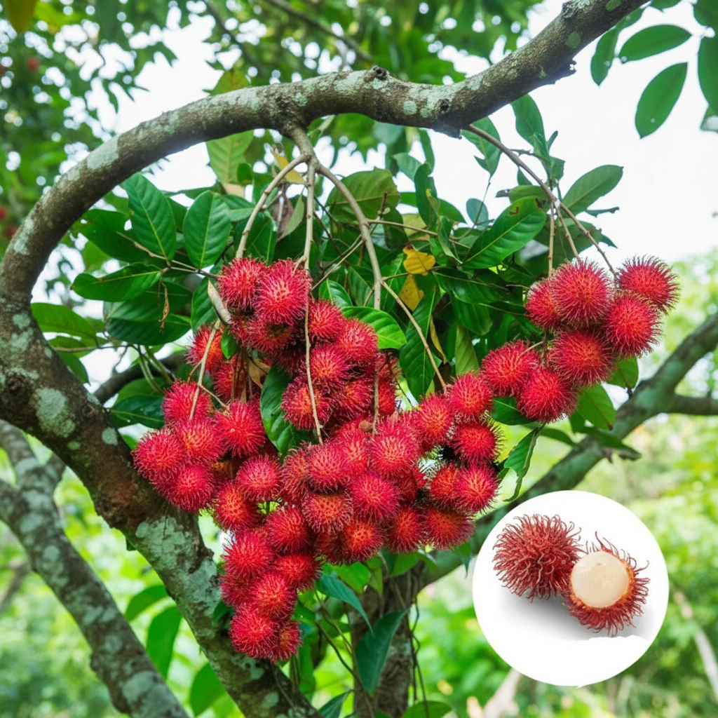 A close-up of a cluster of ripe Rambutan N18 fruits, hanging from a branch. The fruits are deep red with soft, spiky red hairs and surrounded by glossy green leaves