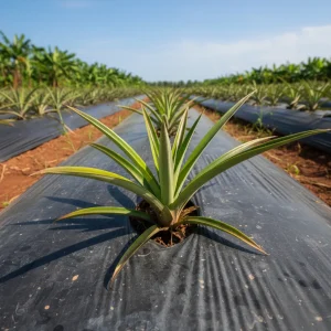 A young pineapple plant with long, spiky green leaves, growing out of black plastic mulch in a field. Rows of similar plants recede into the distance, with a row of banana plants visible in the background
