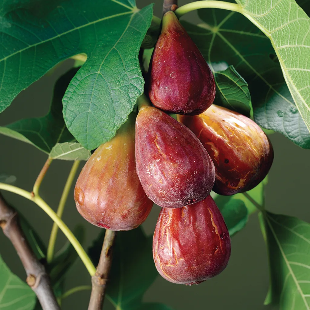 A close-up shot of a cluster of richly colored, ripe figs hanging from a branch, with deep purple-red skins and some showing hints of golden-brown, nestled among vibrant green fig leaves