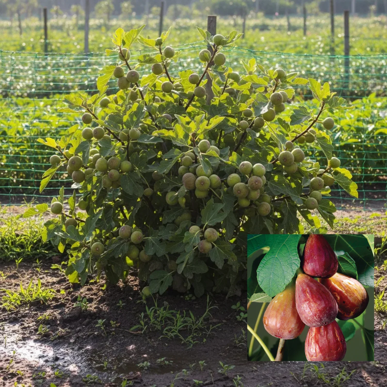Brown Turkey fig tree sapling growing a heavy crop of figs in a garden