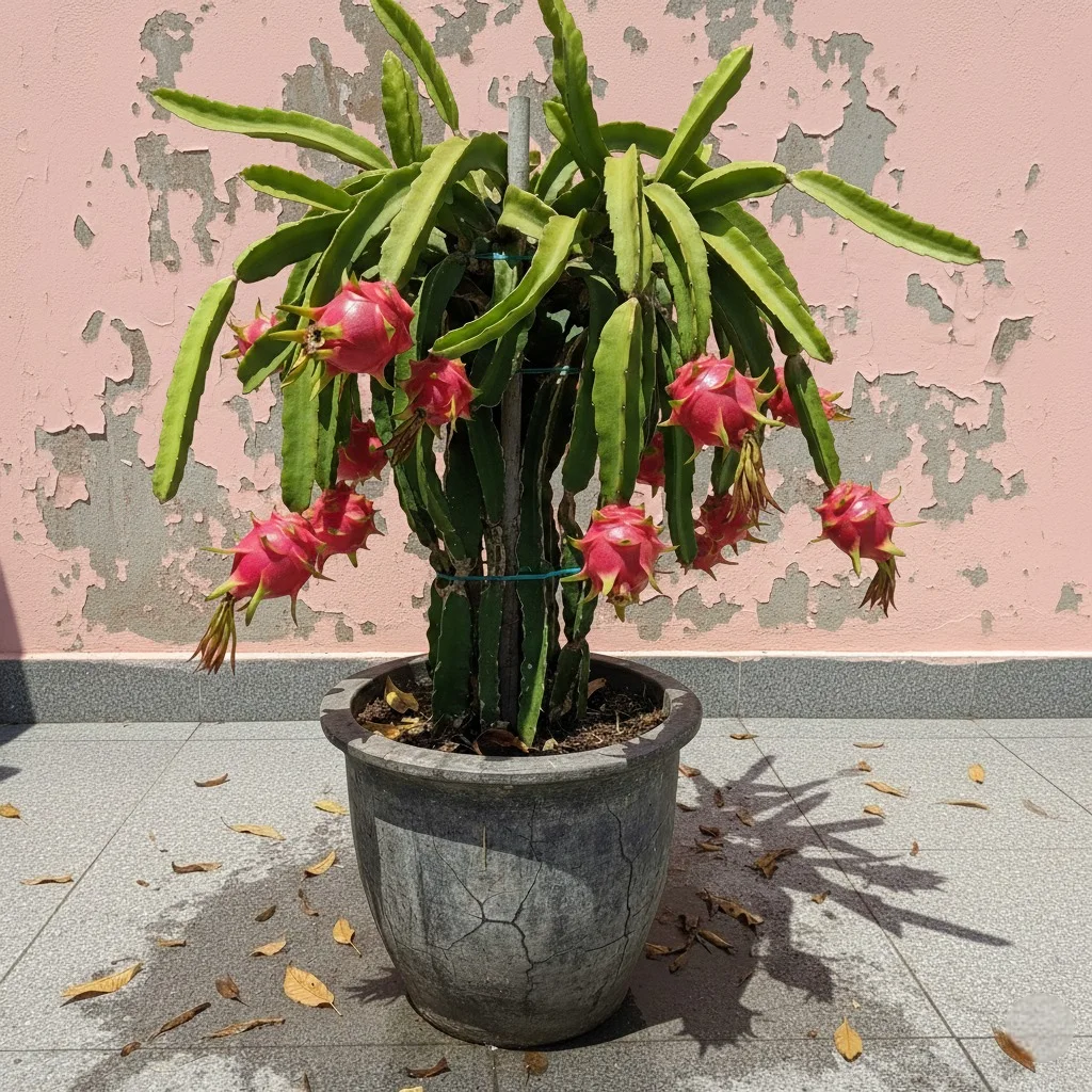 Red Dragon Fruit Plant in a pot, displaying mature, vibrant red pitaya fruits ready for harvest against a cracked pink wall.