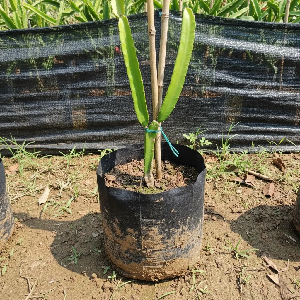 Young, healthy Dragon Fruit Plant sapling (Pitaya) in a black nursery polybag, tied to bamboo stakes for support