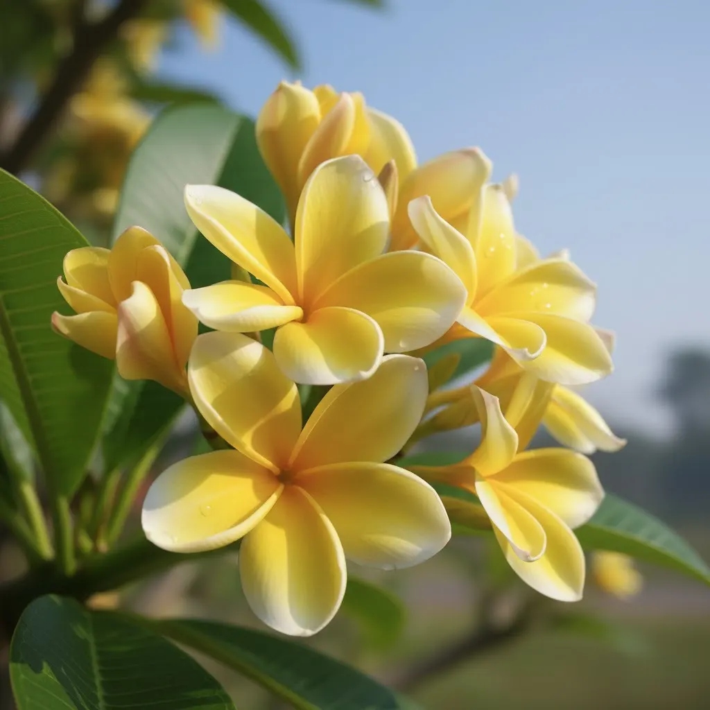 Close-up of a cluster of bright, golden-yellow Plumeria (Frangipani) flowers with white edges and morning dew or water droplets